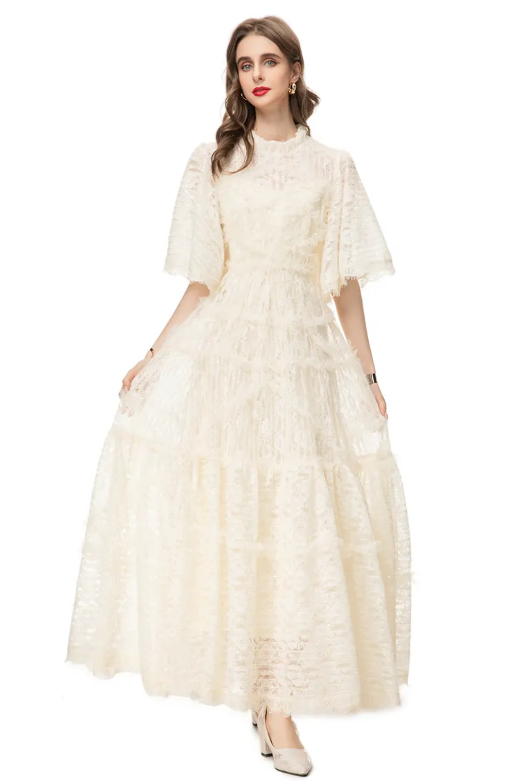 open lace back dress Midi Sweetheart White Casual Party Dress with Ruffle– PromGirl