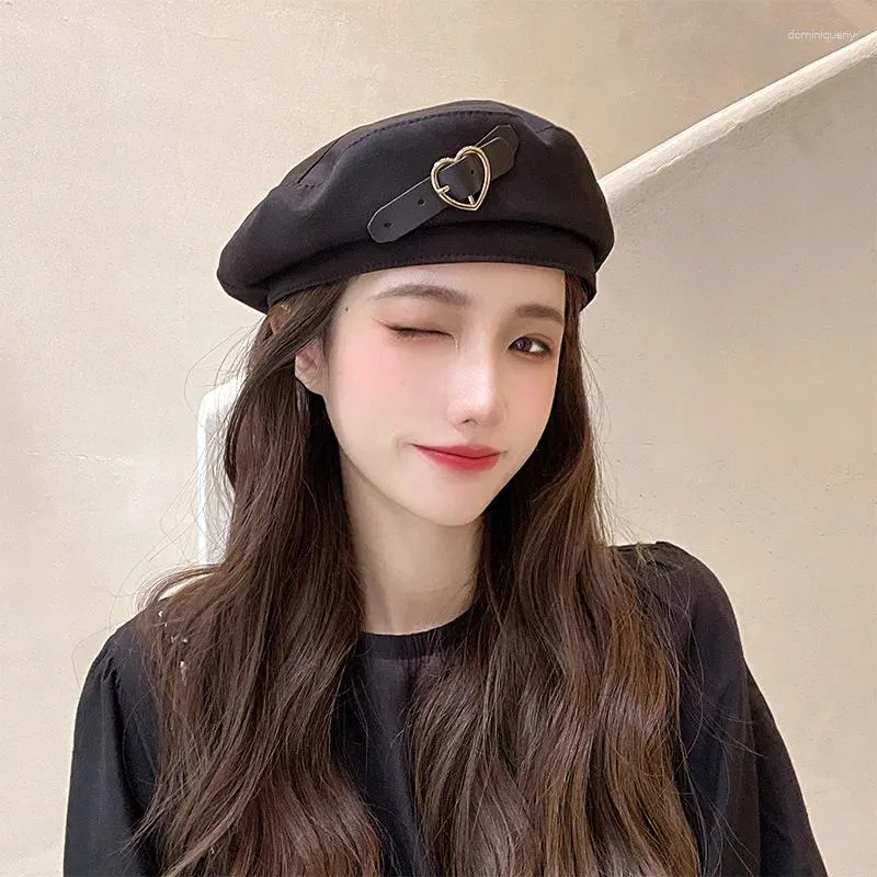 Berets Women Solid Color Metal Heart Beret Cap Elegant Lady Summer Autumn Painter Hats Female Outdoor Casual Visor Caps Sboy