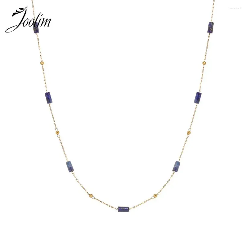 Chains Joolim Jewelry Wholesale Waterproof Elegant Lapis Lazuli Tube Bead Pendant Handmade Chain Stainless Steel Necklace For Women