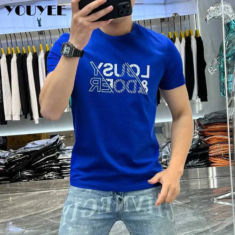 Men's T-Shirts Mens trend T-shirt with letter printing ultra-thin round neck youth mens T-shirt 2023 summer fashion lapel blue top J240316