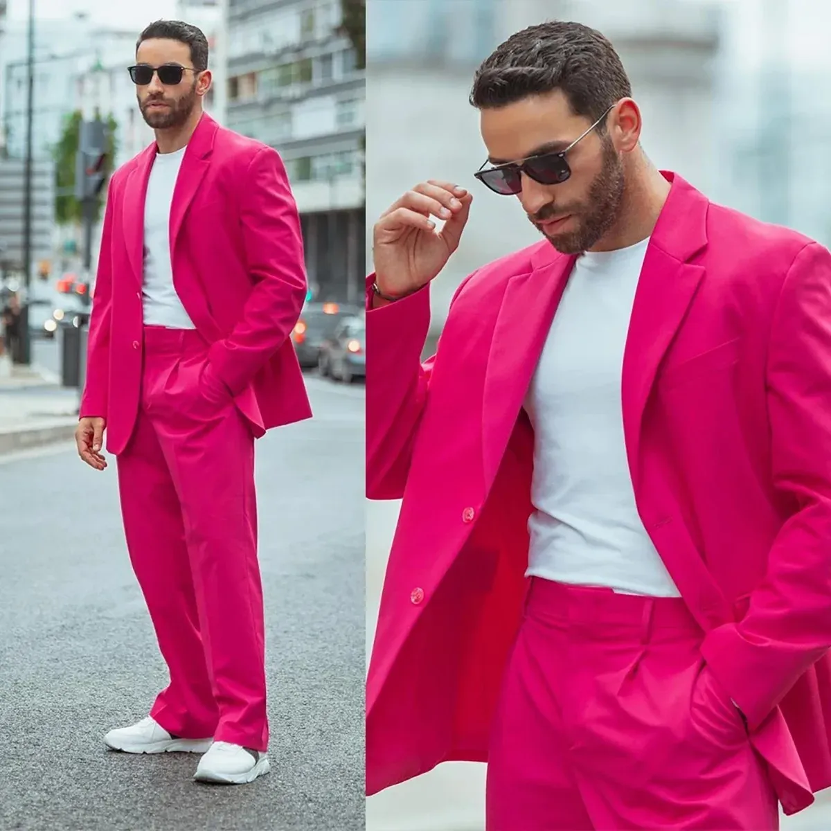 Abiti Street Wear Fucsia Abiti da uomo 2 pezzi Sposo Festa da sposa Risvolto con visiera Terno Masculino Smoking Costume Homme Blazer maschile Set