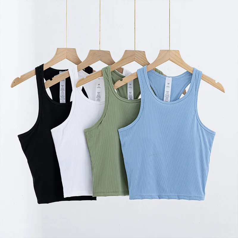 LL Débardeur d'entraînement sans couture pour femme - Débardeur de sport rembourré sans manches - Dos nageur avec soutien-gorge intégré - Vêtements de sport - Débardeur côtelé - Nude - Doux pour la peau - Gilet en forme de I