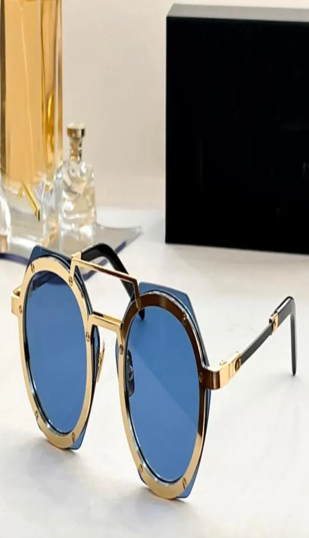 Geometriska klockor solglasögon för kvinnor män guldmetall blå lins unisex sommarglasögon gafas de sol uv4002051536
