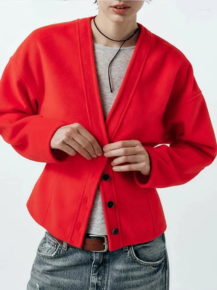 Kadın Ceketleri 2024 Moda Kırmızı Kırpılmış Katlar Kadınlar Zarif V Boyun Tek Breatsed Bayanlar Tam Kollu Sokak Giyim Dış Giyim