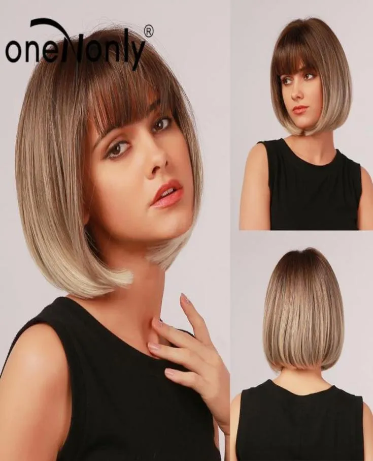 oneNonly Peruca Bobo Curta Ombre Marrom Loira Cinza Perucas Sintéticas com Franja Cosplay Natural Cabelo Diário para Mulheres Resistente ao Calor 527676313623