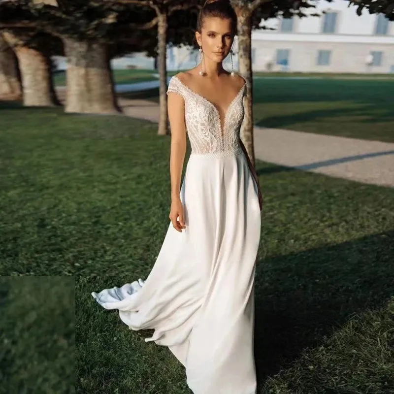 Trendy A-Line White Chiffon Appliques See Through Boho Wedding Gown TWA3442