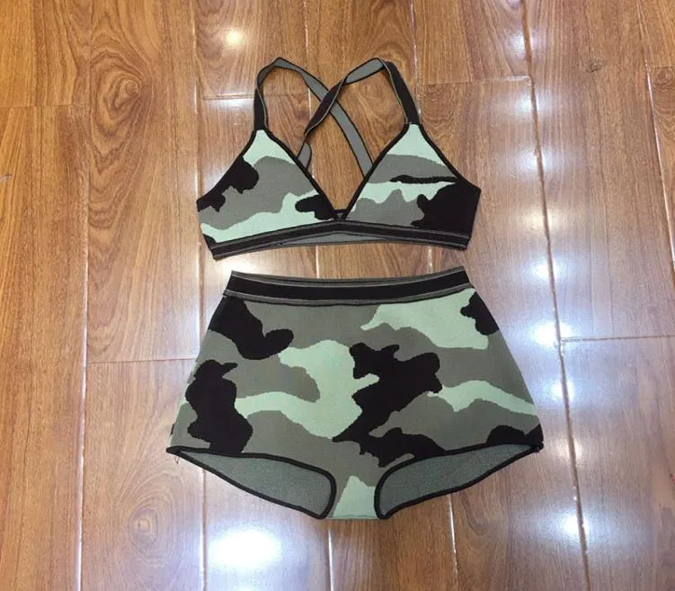 Sexy Letter Jacquard Camouflage Swimwear Summer Women Outdoor Bikini Vacation Seaside Beachwear High Waist Backless Breathable Bik1205374