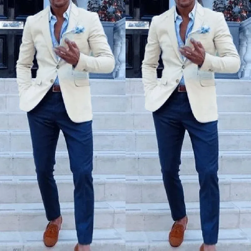 Suits Ucuz Özel Yapımı Erkekler Düğün Damat Smokin Klasik Kıyafet Adam Blazers 2 Parçası Groomsmen Wear (Fildişi Ceket+Bluepant)