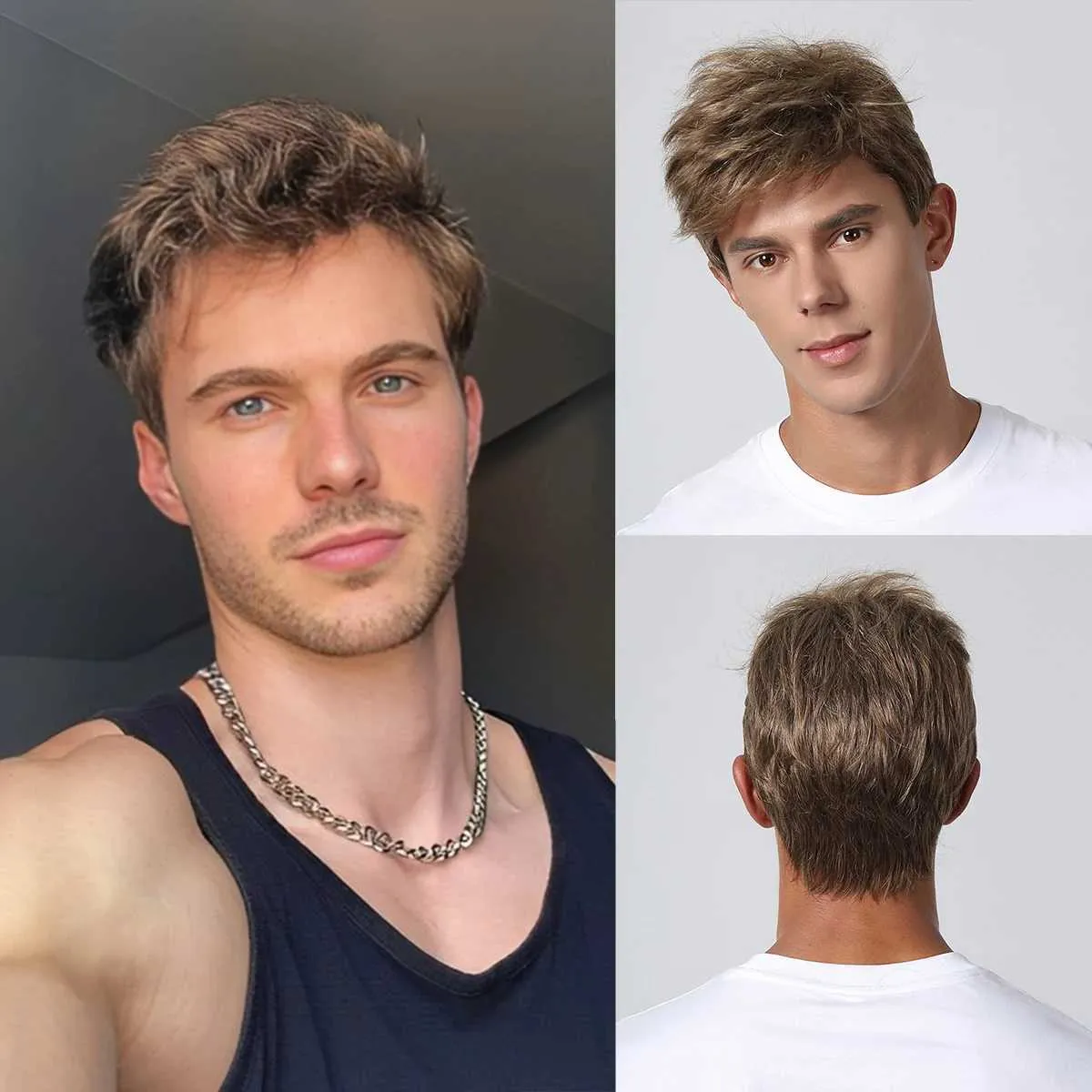 Synthetic Wigs EASIHAIR Light Brown Short Synthetic Wigs for Men Layered Natural Fluffy Hair Wig Daily Cosplay Wig Pixie Cut Wig Heat Resistant 240328 240327