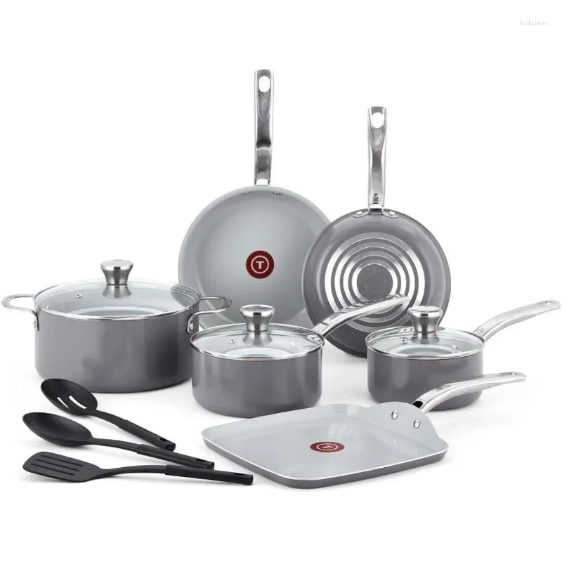 Cookware Sets Recycled Ceramic Nonstick Set 12 Piece Oven Broiler Safe 500F Lid 350F Pots And Pans Grey