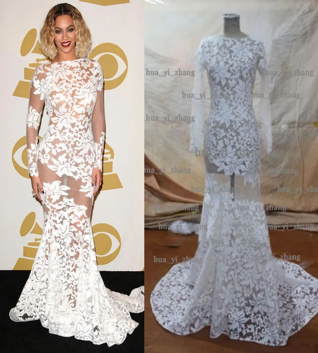 2015 Beyoncé Vestidos Sheer Celebrity Gowns Sheer Long Sleeve Crew Mermaid Court Train Evening Red Carpet Vestidos Real Images4921496