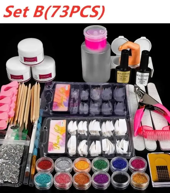 Kit de manicure com armas acrílicas, conjunto de 12 cores para unhas, glitter, pó, decoração, caneta acrílica, pincel, kit de ferramentas para arte em unhas para iniciantes