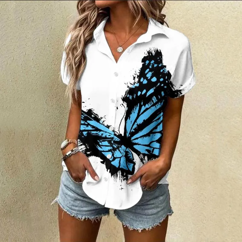 Camicette da donna Camicia stampata Bufferfly da donna Top Primavera Estate Manica corta Camicetta con scollo a V Top per le donne Moda Vintage Loose Streetwear