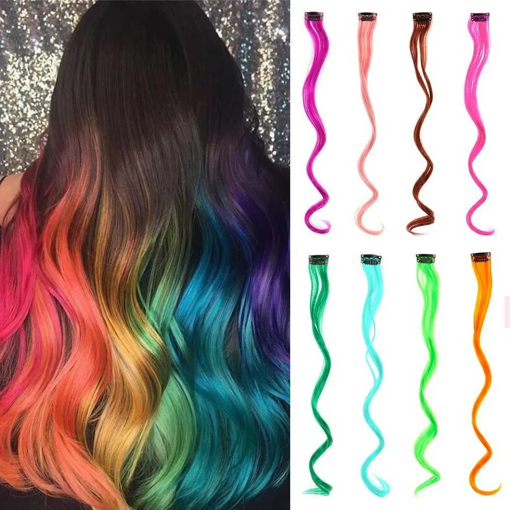 Synthetische pruiken 22 inch Kleurrijk haar Krullend Eén clip-in Synthetisch lang haarstukje voor meisjes Dames Kinderen Multi-kleuren Feest Hoogtepunten Pruik 240318