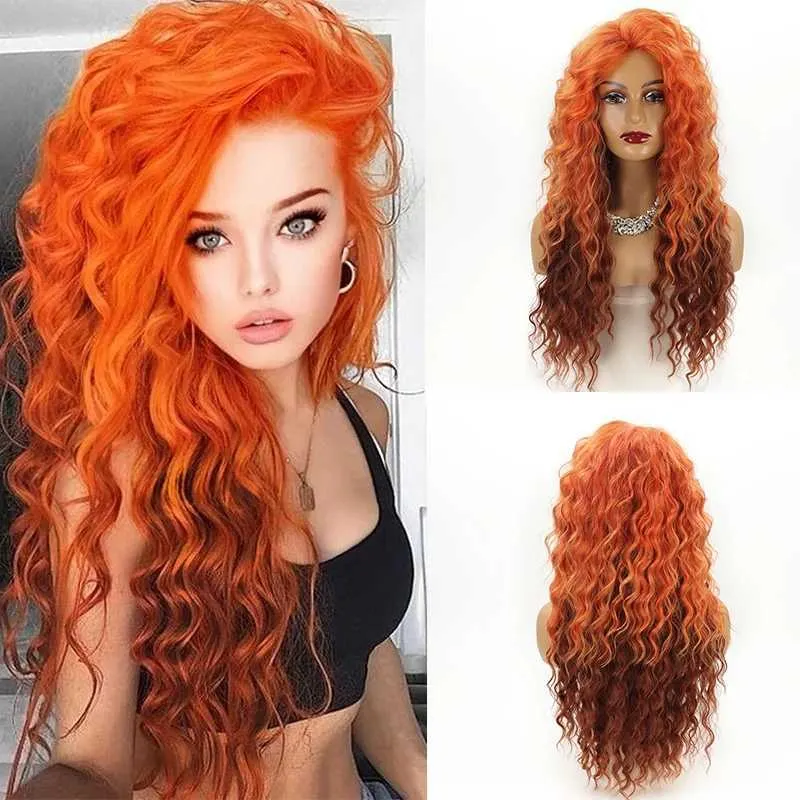 Synthetische Perücken, lange, flauschige, lockige Perücke für Frauen, Ombré-Orange-Ingwer-natürliches gewelltes Haar, Aschblond, synthetische, lockere, tiefe Wellen-Perücke, Cosplay, 240328, 240327