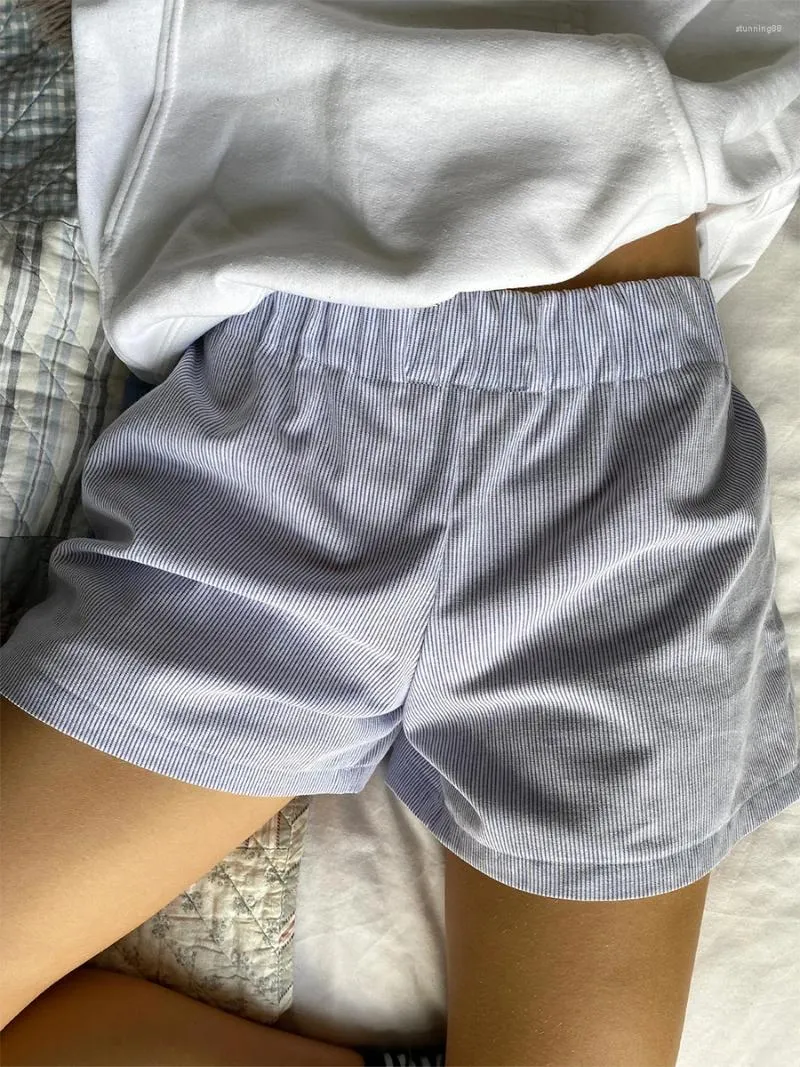 Women's Shorts Fashion Pinstriped Patchwork For Women Y2k Vintage Mid Elastic Waist Short Pants With Pockets Female Lounge Pajama