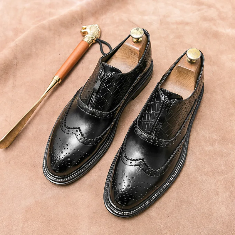Oxfords Shoes for Men Brown Black Business Lace-up Pu Office Brogue Dress Shoes Block carving Zapatos De Vestir Hombre Mens Shoes