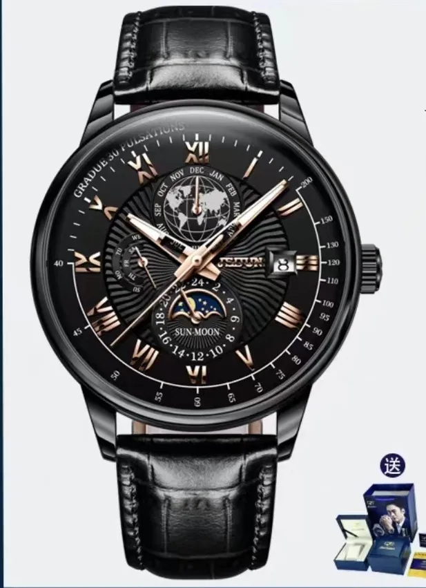 JSDUN montre mécanique entièrement automatique pour hommes, diamètre du cadran 40mm, motif terre, bracelet en cuir, montre de haute qualité