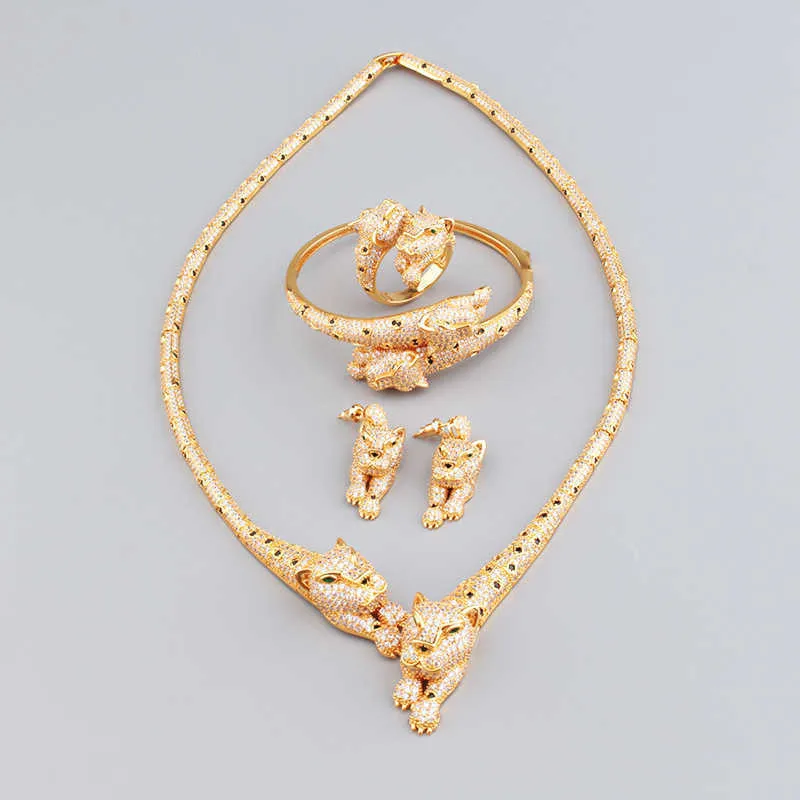 Ny leopard som ligger armband halsband set par ringörhängen smycken koppar guld pläterad mikroinlägg