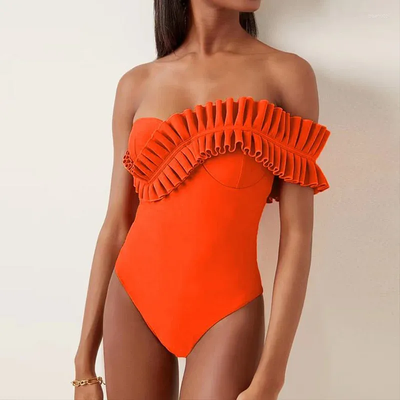 Dames Badmode Eendelig Badpak 2024 Sexy Solid Ruche Vrouwen Geel Badpak Strandkleding Backless Monokini