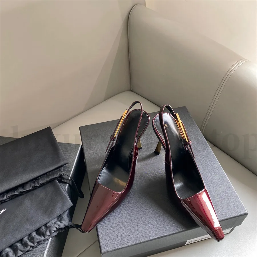 Designer Women Sandals High Heels Shoes Luxury Pointy Slingback Heels Patent Leather Shoes Fashion Heel Slippers shoes Womens Evening Buckle