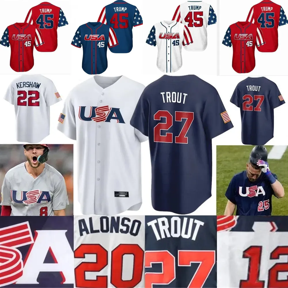 2023 Custom S-4XL Drużyna USA Jersey Trump Mike Trout Trout Turner Adam Ottavino Betts Nolan Arenado Kyle Schwarber Kyle Tucker Pete Alonso J. Jerseys