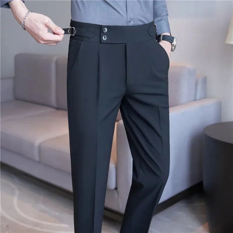 Suituły o wysokiej talii Spodnie Mężczyźni spodnie 2024 Autumn British Style Stretch Slim Pantalone Hombre Solid Casual Dress Pants Mężczyźni Ubranie 240318