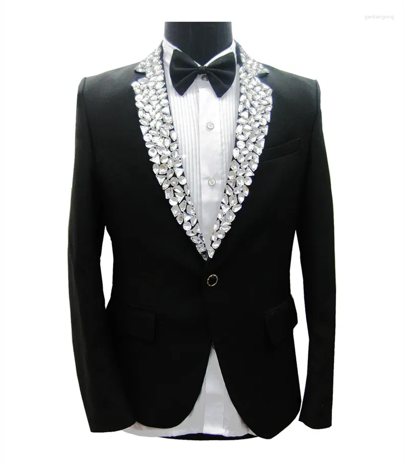 Abbigliamento da palcoscenico Giacche da abito da sposa Strass formali Blazer neri Cantante da uomo Prestazioni Cappotto sottile Costume da festa per lo sposo