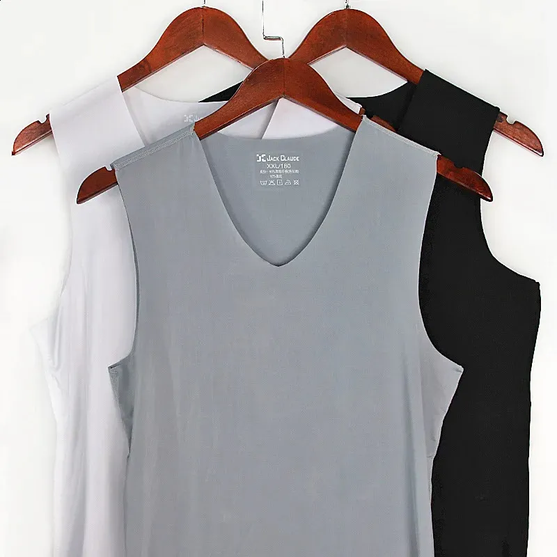 3Pcs Men Tank Tops Underwear For Mens Vest Undershirt Transparent Shirts Male Bodyshaper Fitness Wrestling Singlets silk V Neck 240318