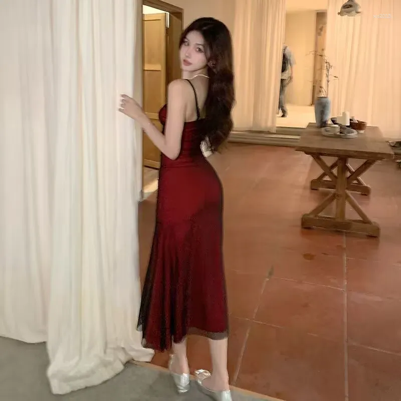 Corset Maxi Dress French Women's Sleeveless Bodycon Trumpet Midi Dress Wine  Red Spaghetti Strap Lace from Dhgate Basic & Casual Dresses - price 32.19