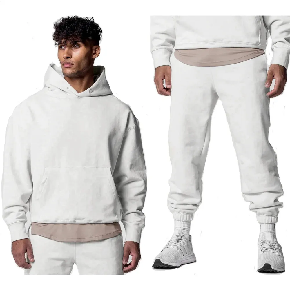 Mens Thick Cotton Training Sets White Casual Sports Kits Pullover Hooded Top with Pants Sweatshirts Gym Running Tracksuits 240315