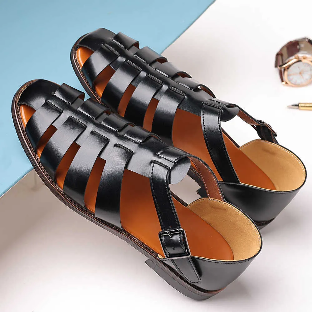 HBP Non-varumärke Ny 38-48# Luxury Summer Flat Sandals Slippers Belt Buckle Gladiator Shoes Men Casual Beach Roman Sandals