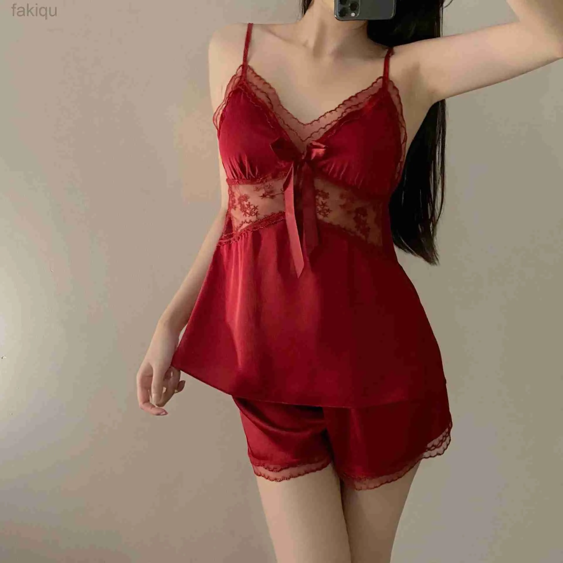 Sexy Pyjamas Summer Women Strap Pajamas Set Lace Sleepwear Sexy Suspender Shorts Nightwear Lingerie Silky Satin Pyjamas Suit Homewear 24318