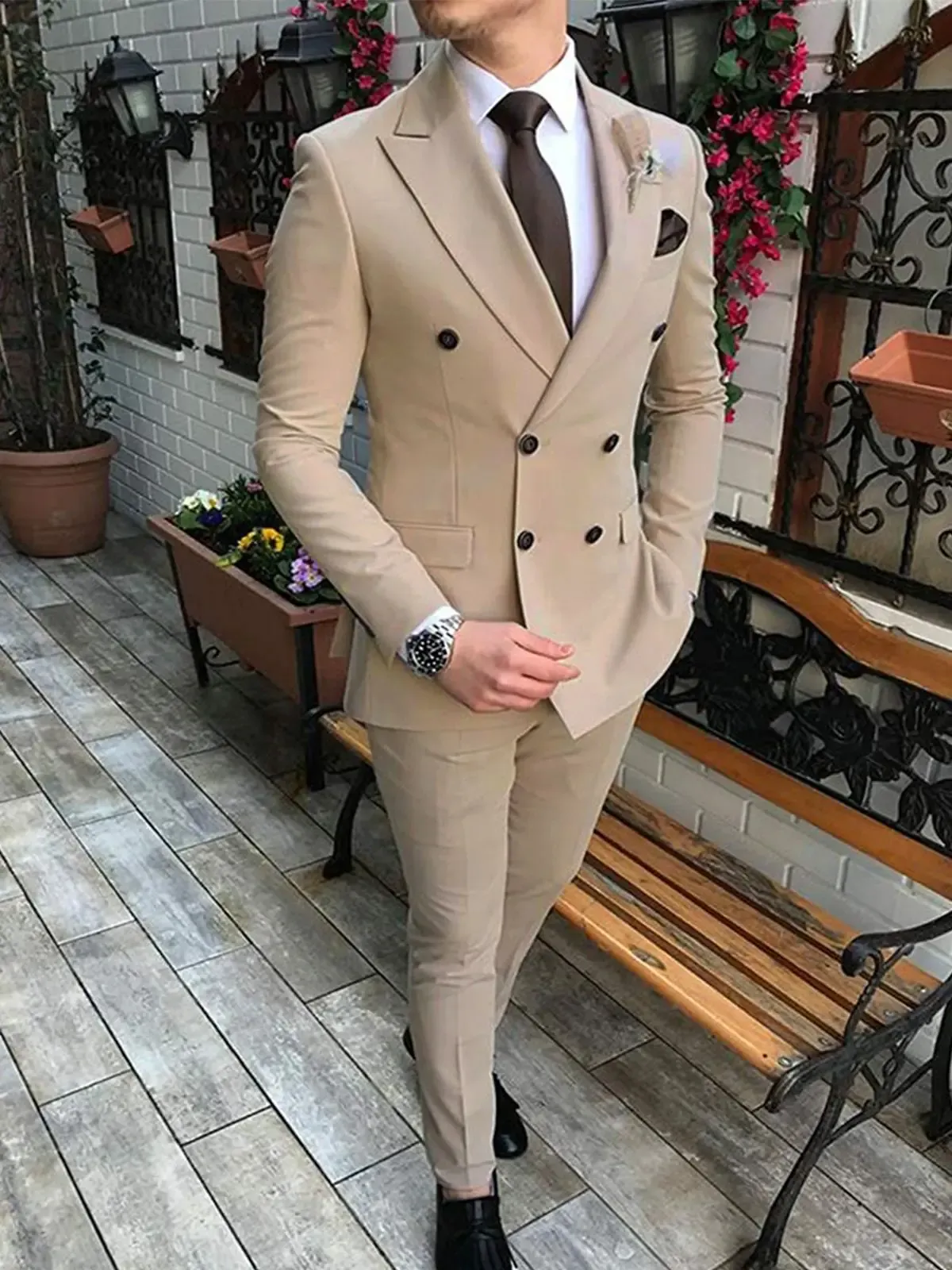 Dräkter manlig formell beige bröllopsbruddräkter för män elegante mariage smal passform bästa man blazers sätter terno anpassade maskulinos kompletterande