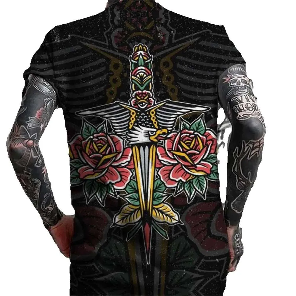 T skjortor Vintage Men's T-shirt 3D Tattoos Tryck Kort ärmskjorta för Man Top Street Punk Streetwear Overdized Tee Mens Clothing GG GG