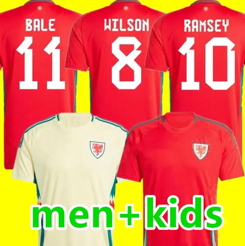 2024 25 Maillots de football du Pays de Galles BALE WILSON ALLEN RAMSEY Coupe de l'équipe nationale du monde Rodon VOKES Maillot de football à manches courtes Hommes Kiids Uniformes Version des fans