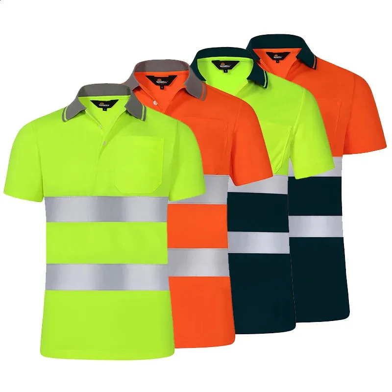 Camisa de trabalho masculina polo de segurança verão construção workwear com listras reflexivas 240304