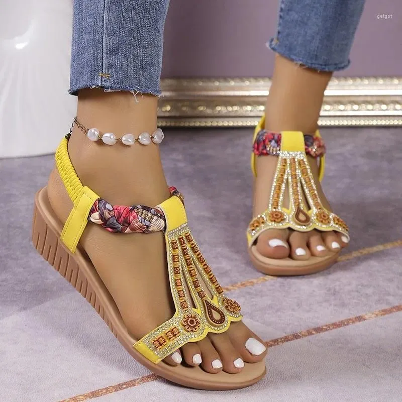 Sandalen Damen Wedge Sommer Boho Strass Lässige Strandschuhe mit offenen Zehen und Gladiator-Strandschuhen mit dicken Sohlen