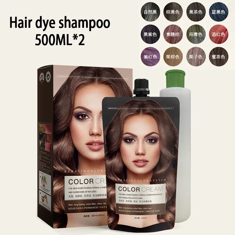 Ferramentas de tingimento de cabelo de cor orgânica, longa duração, colorido rápido, multicolorido, queratina, tintura de cabelo, shampoo, capa de cabelo branco, 500ml * 2