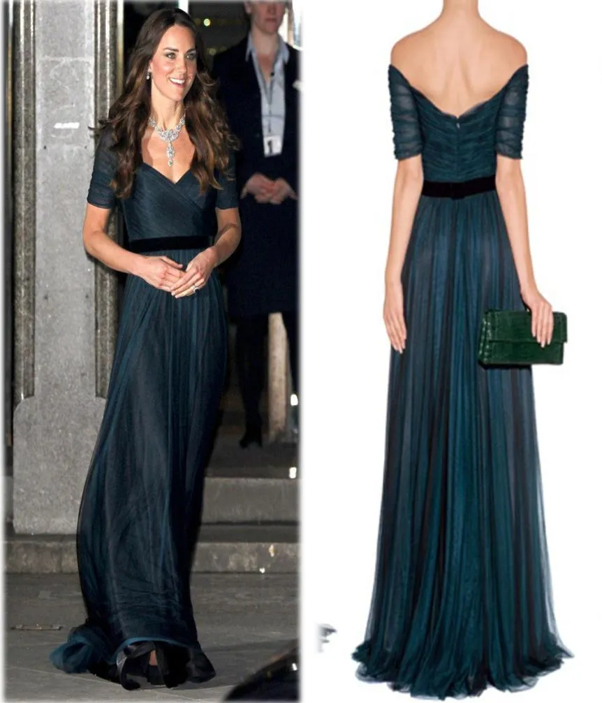 Kate Middleton A Line Celebrity Dresses Ink Blue Sweetheart Neckline off the shoulder ruched tulle Floor Length with Belt Jenny Pa5333728