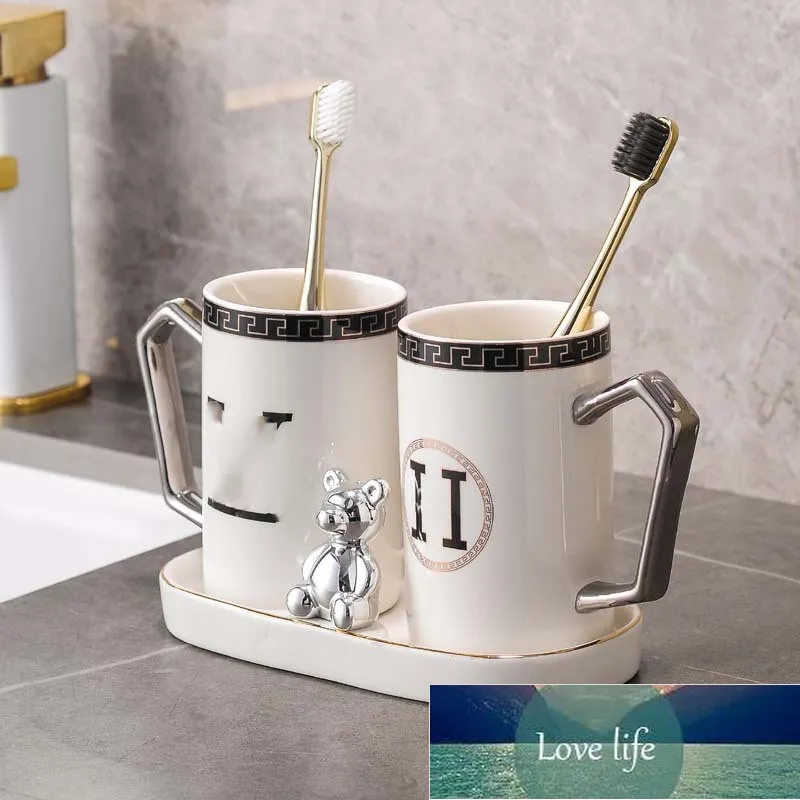Designer White Ceramic Toothbrush Cup Pares guldpläterade munvatten Cups förvaringsställ Badrum Simple Wash Cup Borsting Cups Cover
