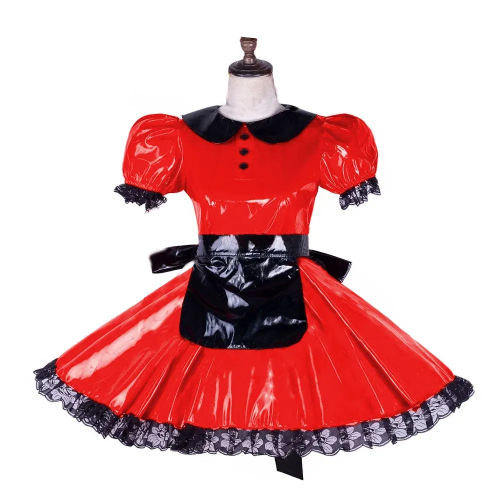 Sexy Crossdressing Sissy Lockable Dress Short Puff Sleeve PVC Black Lace Frill Mini Dress With Apron Faux Leather Costume