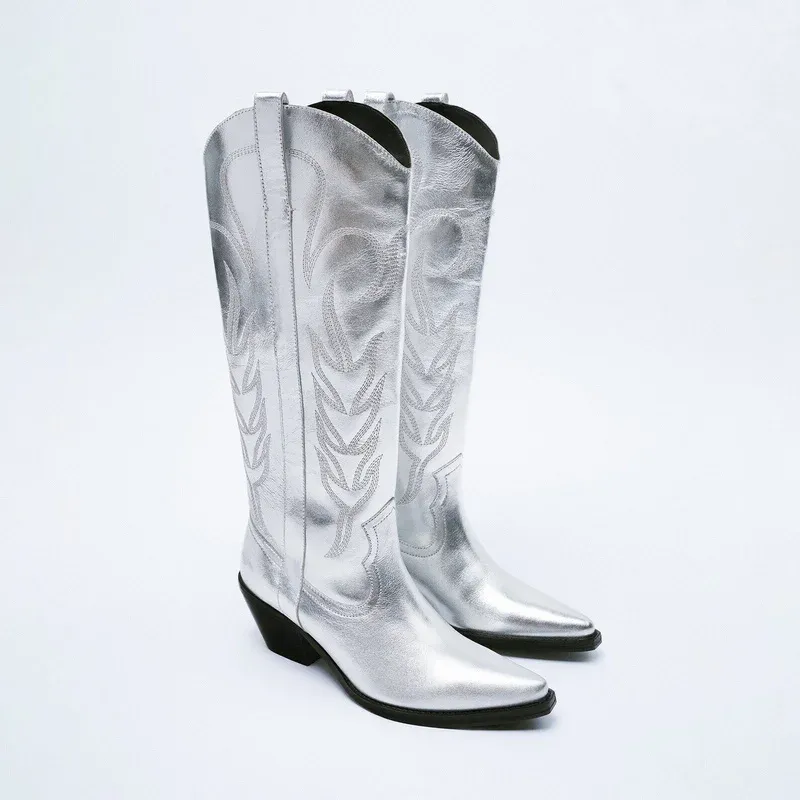 Stiefel Cowboy Cowgirl Western Boot Metallic Silber Stapelte Mid Calf Long Bootshoe Casual Sticked Herbst Winter Schuh Botas de de