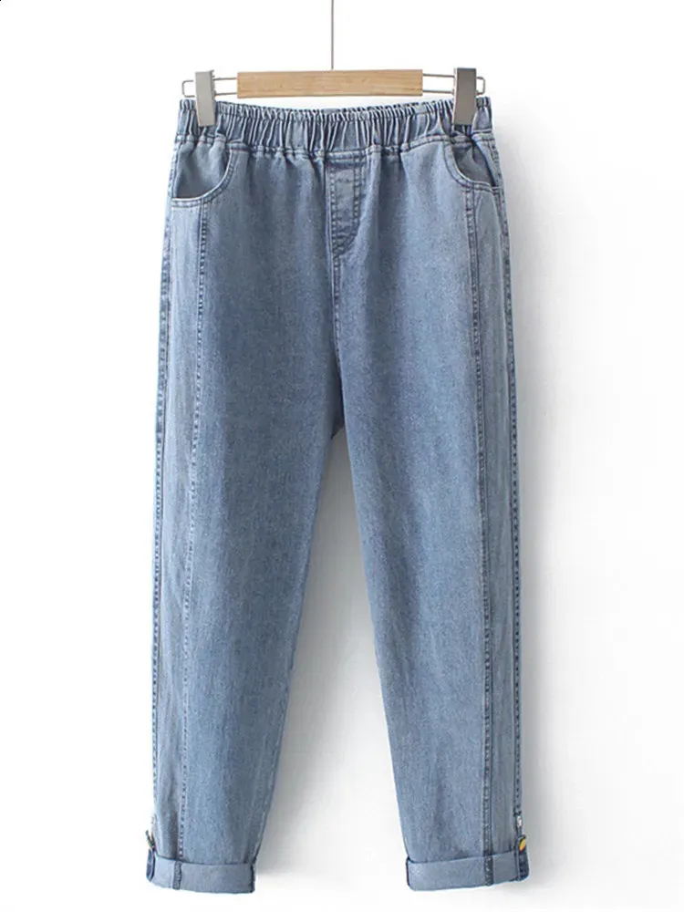 Plus-storlek kvinnors jeans elastiska hög midja stretch vår sommarsträcka jeans knapp och fäll över botten tunna byxor 4xl240318