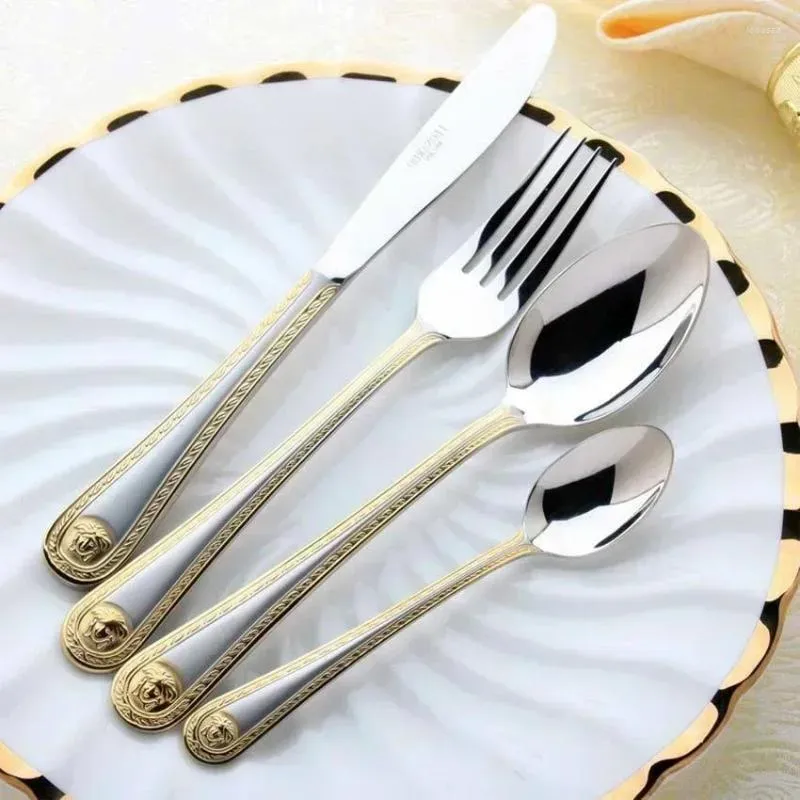 Knives Vintage Western Gold Plated Dinnerware Dinner Fork Knife Set Golden Cutlery Stainless Steel Engraving Tableware