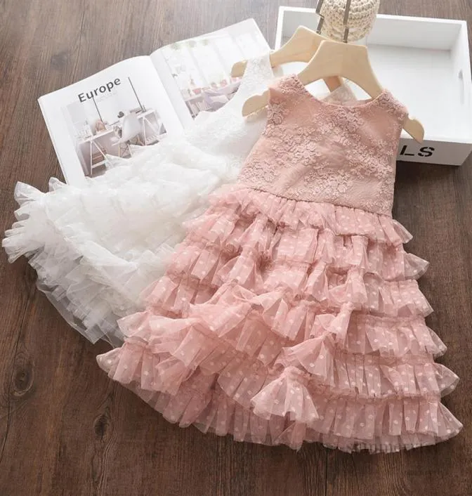 Mädchen Blumenstickerei Weste Kleid Kinder Spleißen abgestufte Polka Dots Spitze Gaze Kuchen Kleider Sommer Kinder Prinzessin Kleidung Q48305625813