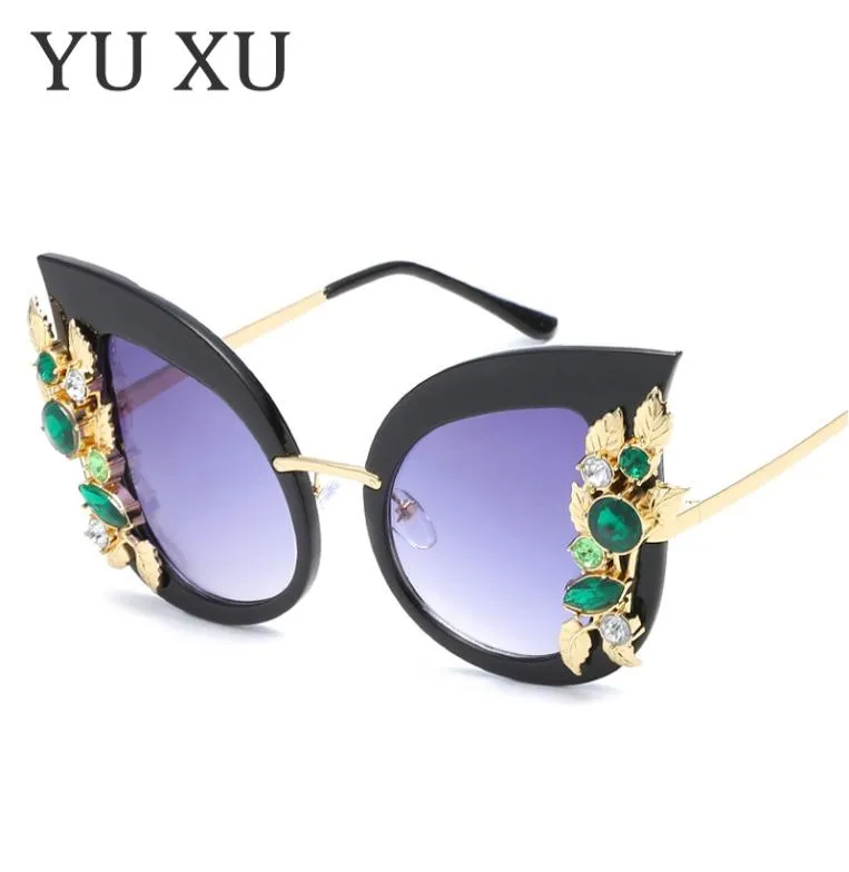 Lunettes de soleil œil de chat en cristal diamant vert pour femmes, lunettes de marque de styliste, lunettes de soleil UV400 H356660778