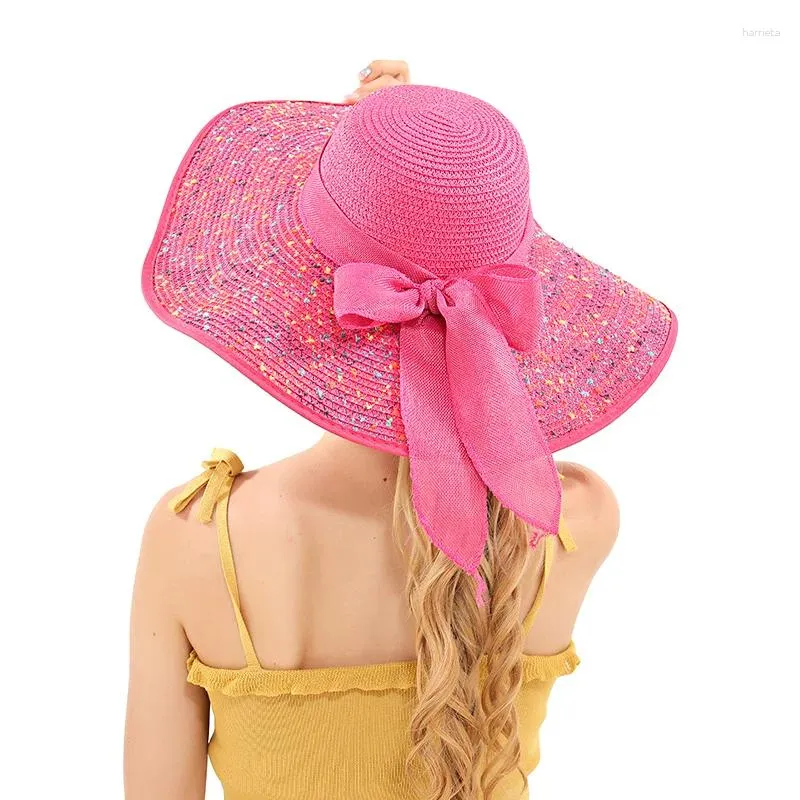 Шляпы с широкими полями, уличная красочная складная женская соломенная шляпа в горошек, солнцезащитная лента с бантом, стильный летний пляжный элегантный солнцезащитный крем для путешествий