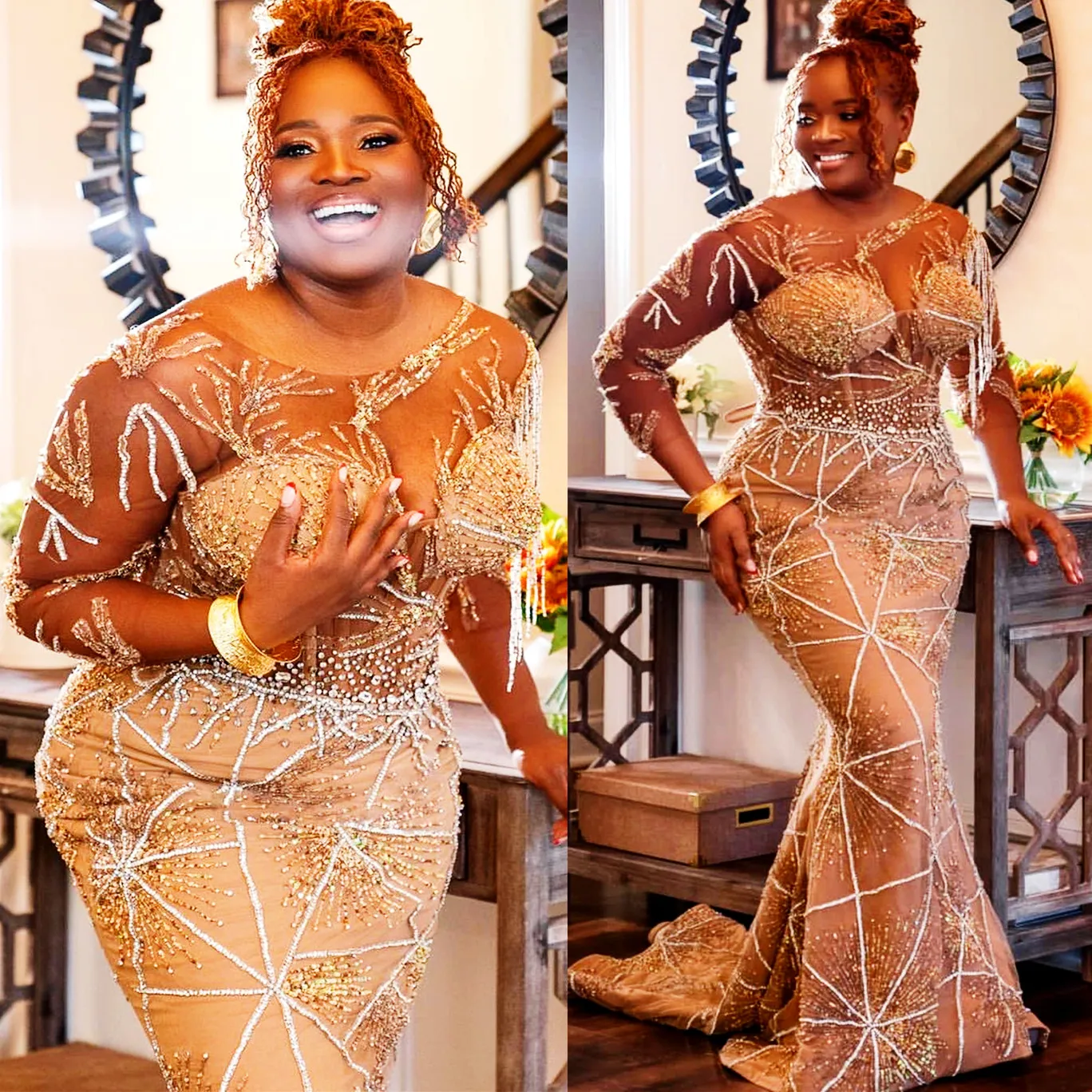 Gold Tulle Jewel Beading Chains Mermaid Prom Evening Dress Gold Tulle Jewel Beading Chains Mermaid Prom Evening Dress