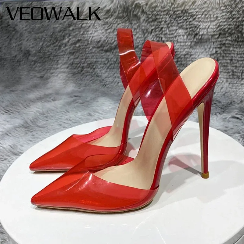 Laarzen VeoWalk Women Transparant PVC Pointy Toe Slingback Stiletto Pumps 12 cm Heel Ladies Jelly Backless Party Shoes Customize